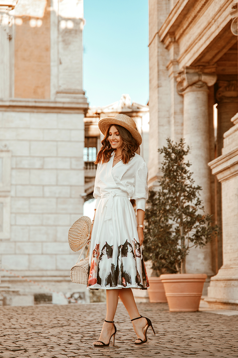 larisa costea, larisa style,larisa in italy, larisa's travels, rome, roma,larisainrome, piazza del campidoglio, capitolum, capitol,forro romano,forumul roman, roman holiday,july 2018, summer 2018,estate, holidays, travel, travel blog,travel blogger, fashion,fashion blog,fashion blogger,style, outfit inspiration,ootd, summer outfit, what to wear, daily outfit, chic outfit, chicwish, a line skirt, white skirt,print skirt, kitties skirt, cat print, white shirt, white wrap shirt, summer shirt, white top, chicwish shirt, chicwish skirt, lob, long bob, loose curls, summer hair, londa, londa professional, straw hat, asos hat, bowter hat, forever 21 earrings, gold hoola hoops, hoola hoop earrings, streets of rome,rome street style, street style, chic, annacori black sandals,zara bag, basket bag, straw nag, wicker bag, cillinder bag