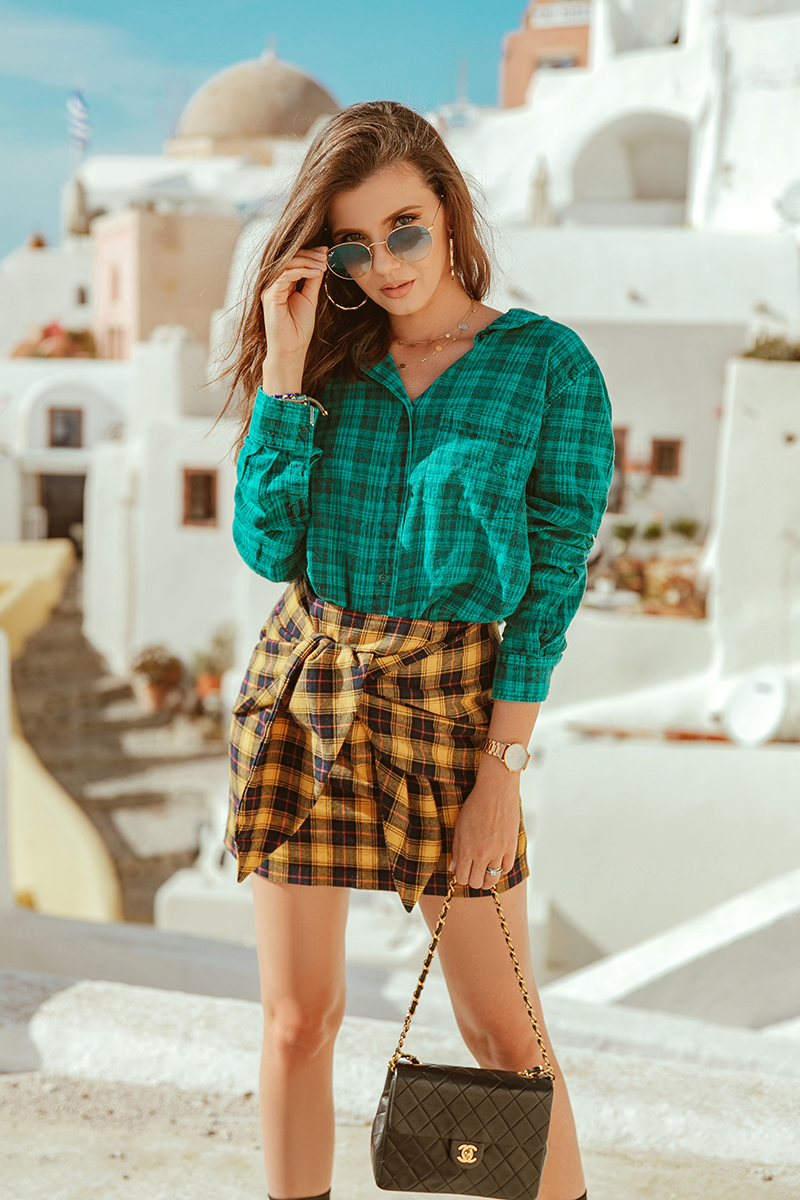 larisa costea,larisa costea blog, larisa costea style, larisa style, larisa in satorini, larisa in greece,oia,ia, santorini, greece,kikladed, cycladic islands, cycladic architecture, all white, white buildings, sea, ionic sea,mediteranean,fall outfit, autumn outfit, tartan,mixed prints, all tartan, tartan shirt, tartan skirt, teal green shirt, yellow and black skirt,missguided, besta look, besta, share your look platform, shop my look, balenciaga boots,jessica buurman boots,sock booties, lycra booties, booties, boots, black boots, ray ban sunglasses, vintage chanel, chanel bag, shopbop, what goes around nyc, what goes around comes around, greek church, bells, church bells,bell, cool look, streets style, daily outfit, what to wea,outfit inspiration, larisa costea fall outfits, agia ekaterini church, oia church, spectacular santorini pics, satorini view, caldera view, caldera, bigg hoop earrings, gold hoops