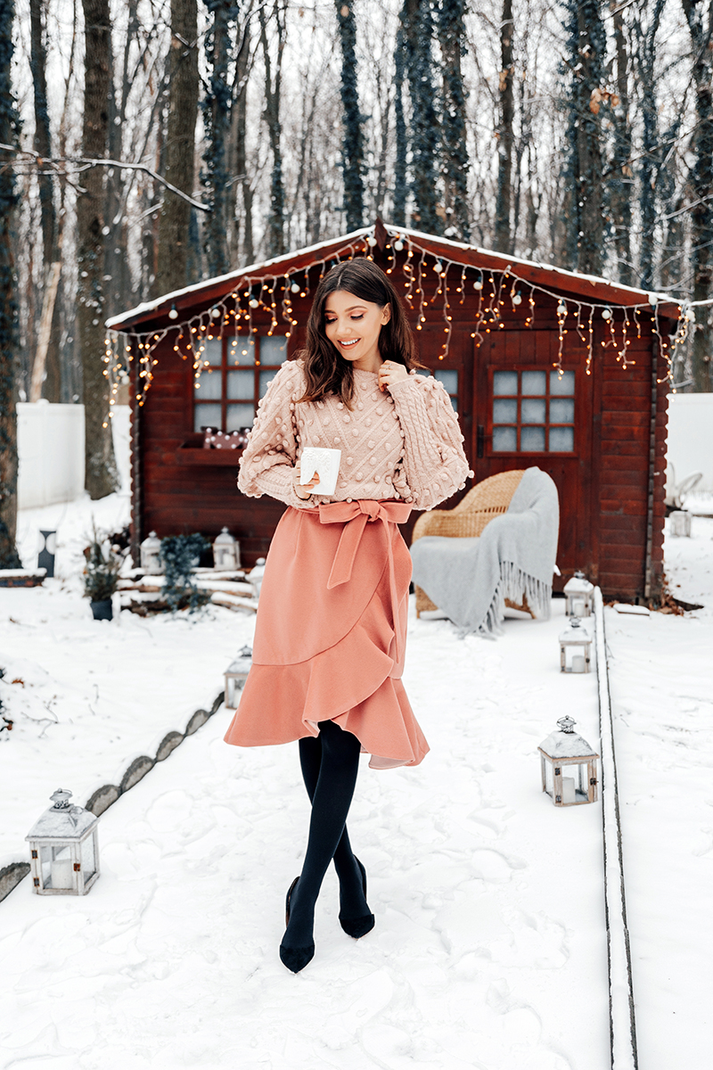 larisa costea,larisa costea blog, larisa style, winter wonderland,blossomfloraldesign,blossom, cabin, cottage, winter date, winter scenery, valentine's day, valentines, pink sweater, pink skirt, ruffled chicwish skirt, winter skirt, wool skirt, pink chicwish sweater,pom pom sweater, feminine sweater,chicwish,new arrivals, romatic, chic look, femine date outfit, what to wear,outfit inspiration