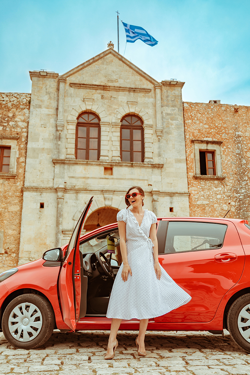 larisa costea, larisa costea blog,larisa style, larisa in greece, greece, crete, creta, arkadi,monastery, goldcar, car rental, inchirieri masini, bestcardeals, rentals,road trip, roadtrip, toyota yaris, red car, trip, travel, travelblog, fashion blog,lifestyle, polka dots,dress, polkadot dress, la maison de confiance, rochie cu buline, rochie de zi, rochie retro, retro sunnies, epica, tezyo, kurt geiger stilettos, beige heels, old church,chania airport, chania rental cars 