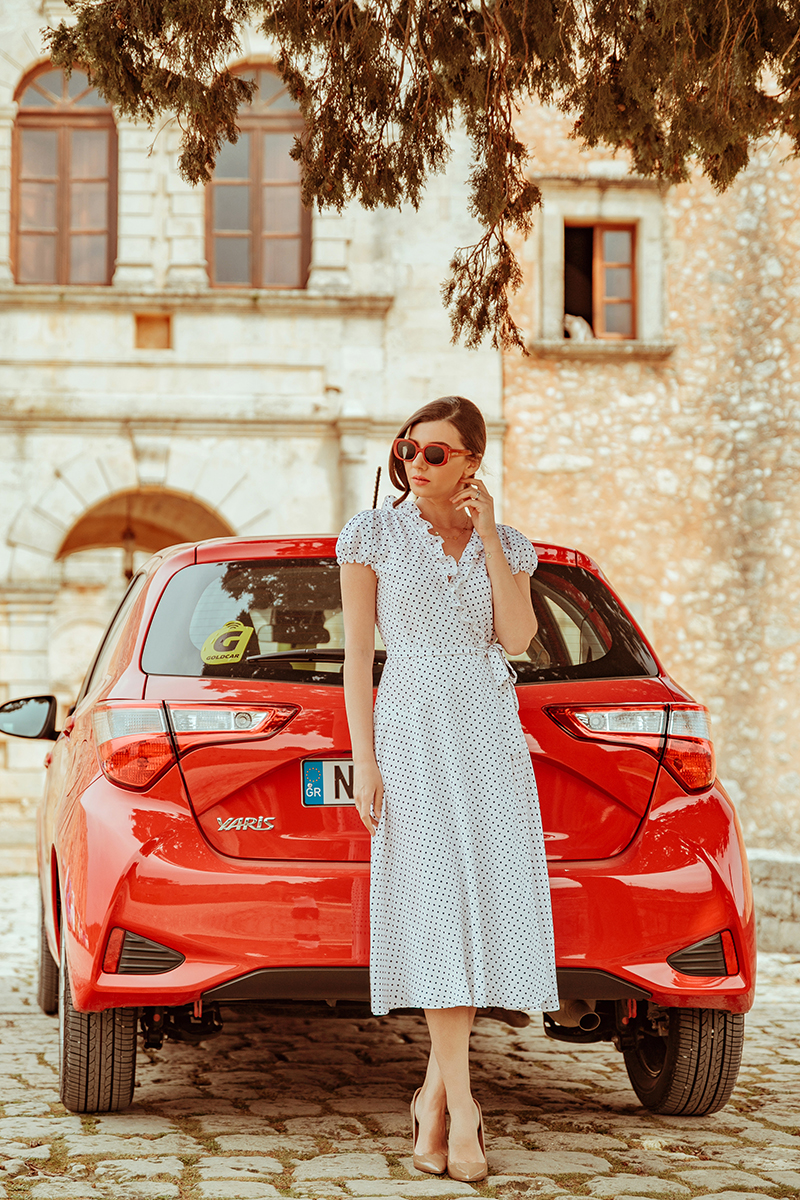 larisa costea, larisa costea blog,larisa style, larisa in greece, greece, crete, creta, arkadi,monastery, goldcar, car rental, inchirieri masini, bestcardeals, rentals,road trip, roadtrip, toyota yaris, red car, trip, travel, travelblog, fashion blog,lifestyle, polka dots,dress, polkadot dress, la maison de confiance, rochie cu buline, rochie de zi, rochie retro, retro sunnies, epica, tezyo, kurt geiger stilettos, beige heels, old church,chania airport, chania rental cars 