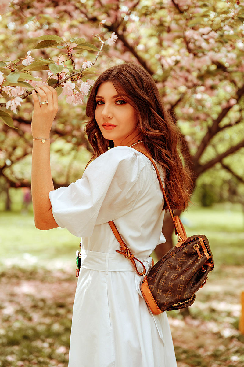 larisa costea, larisa costea blog, fashion blog, travel blog, lifestyle blog, white dress, cherry blossoms, blossom, cherry trees, pink blossoms, ootd, outfit inspiration, summer outfit, what to wear, summer dress, white dress, lpa dress, cotton dress, button up dress, midi dress, soft curls, beach waves, nude heels, kittem pumps, dianve von furstenberg, louis vuitton, backpack, monogram, vintage, cherry broche, cherries, georgeta dinca, handmade broche, rochie alba, tinuta de vara, ciresti infloriti, gradina japoneza, bucuresti, bucharest, herastrau, couple pic, couples photoshooting, love, nature, shopbop, shopbop sale, so bright, discount code, sales, big sales, designer items, designer shop, best price, adrian, adrian sunriseinc