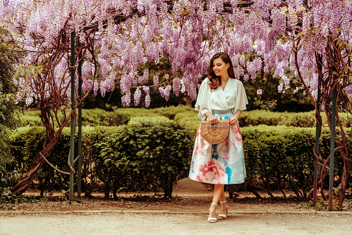 larisa costea, larisa costea blog, fashion blog, fashionista, chicwish, chicwish skirt, floral print skirt, a line skirt, watercolor skirt, florals, wisteria, wisteria hysteria, botanical garden, gradina botanica bucuresti, wisteria glicina, glicina, flowers, flower arch, bush, greenery, garden, enchanted garden, chicwish cape sleeves shirt, white shirt, white top, feminine look, ootd, outfit inspiration, what to wear, elegant look,baby blue, pink, cult baia bamboo bag, mini ark, sam edeleman sandals, white sandals, heel sandals, summer outfit, spring outfit, shopbop