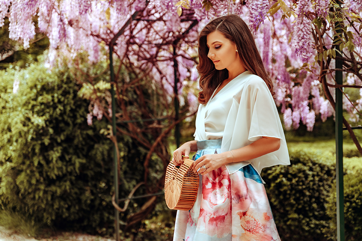 larisa costea, larisa costea blog, fashion blog, fashionista, chicwish, chicwish skirt, floral print skirt, a line skirt, watercolor skirt, florals, wisteria, wisteria hysteria, botanical garden, gradina botanica bucuresti, wisteria glicina, glicina, flowers, flower arch, bush, greenery, garden, enchanted garden, chicwish cape sleeves shirt, white shirt, white top, feminine look, ootd, outfit inspiration, what to wear, elegant look,baby blue, pink, cult baia bamboo bag, mini ark, sam edeleman sandals, white sandals, heel sandals, summer outfit, spring outfit, shopbop