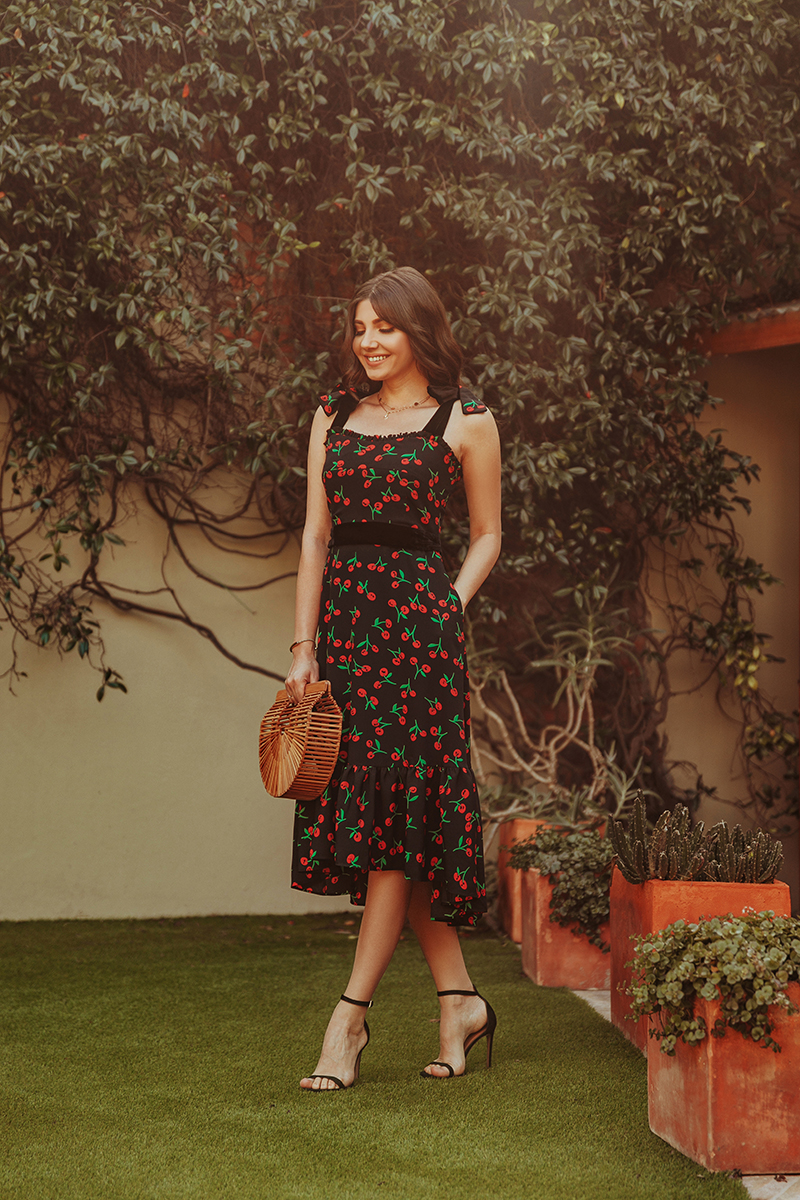 larisa costea, larisa costea blog, fashion blogger, travel blogger, lifestyle blogger, cherry dress, cherry print, print cirese, print fructe, rochie cu print de fructe, la maison de confiance, showroom, dress, midi dress, black dress, ootd, outfit inspiration, holiday, vacation, south africa, za, scarborough, cape point villa, blouders beach, penguin beach, cape point, travel, best desitnation, best vacation, cult gaia bag, anna cori sandals, black sandals, villa, best hotels