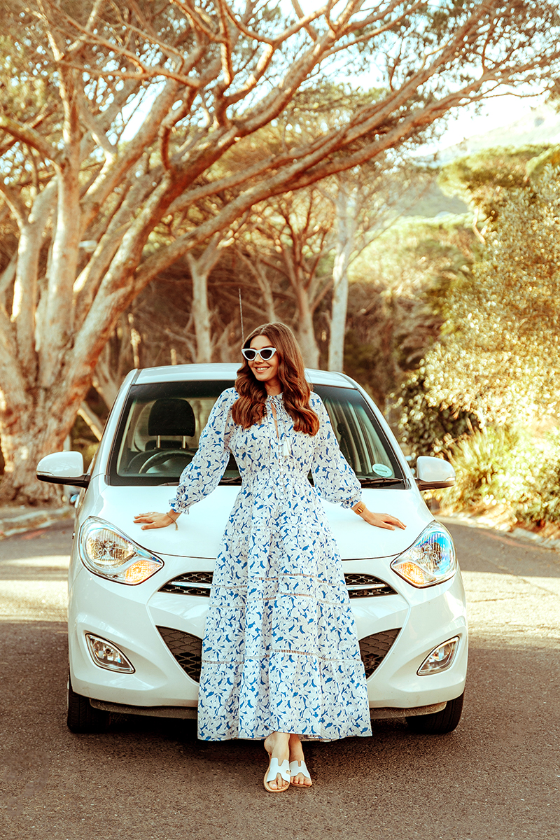 larisa costea,larisa costea blog, fashion blog, travelblog,south africa, travel, traveler,road trip, cape town,safari, outdshoorn, game reserve, chicwish dress,around about cars, car rental, car hire, best deals, automatic car,small car,practical, driving, driver, maxi dress, ootd, steven slides, slippers, shopbop, cult gaia,white and blue dress, porcelain dress