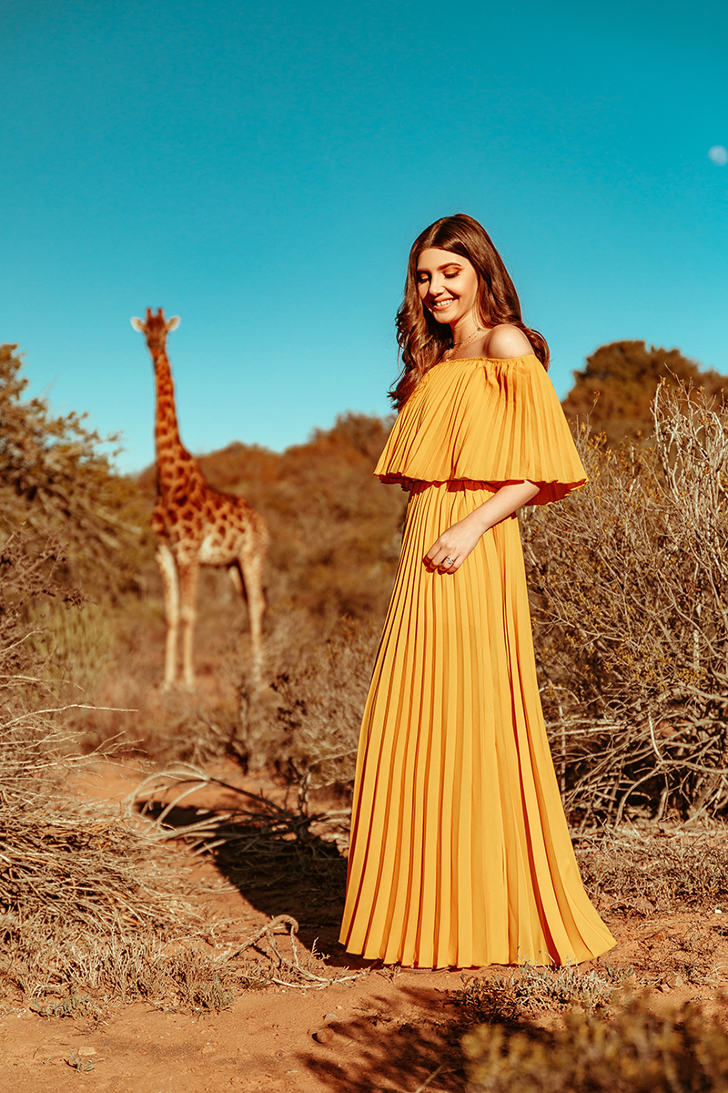 larisa costea, larisa costea blog, larisa style, larisa in south africa, south africa, africa de sud, destinatie de vis, 2019, vacation, best vacation, holiday, best hotels, paradise, giraffes, giraffe, yellow dress, pleates dress, chicwihs, long dress, shopbop, madewell, blogger, travel blogger, traveler, fashion clogger, lifestyle, africa, outdshoorn, animals, wild animals, buffelsdrift, buffelsdrift game lodge, game reserve, game lodge, safari