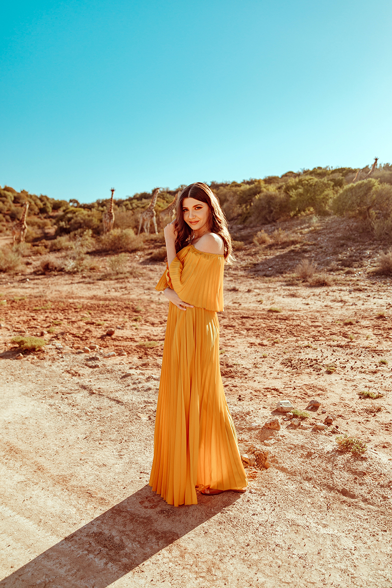 larisa costea, larisa costea blog, larisa style, larisa in south africa, south africa, africa de sud, destinatie de vis, 2019, vacation, best vacation, holiday, best hotels, paradise, giraffes, giraffe, yellow dress, pleates dress, chicwihs, long dress, shopbop, madewell, blogger, travel blogger, traveler, fashion clogger, lifestyle, africa, outdshoorn, animals, wild animals, buffelsdrift, buffelsdrift game lodge, game reserve, game lodge, safari