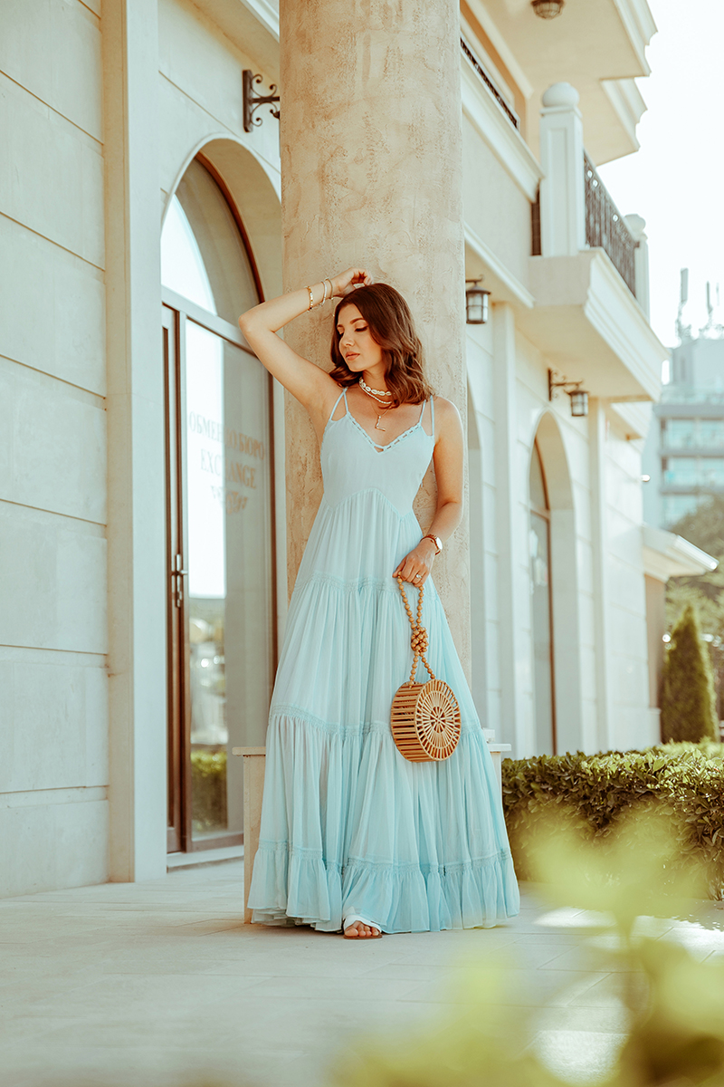 larisa costea, larisa costea blog,larisa style,blue dress, baby blue dress, sunny castle, kranevo, bulgaria,beach, sunny beach hotel, all inclusive, best hotel, best destination, family vacation, blue dress,long dress, tularosa, primark bamboo bag, summer outfit, summer holiday, best vacation,holiday 