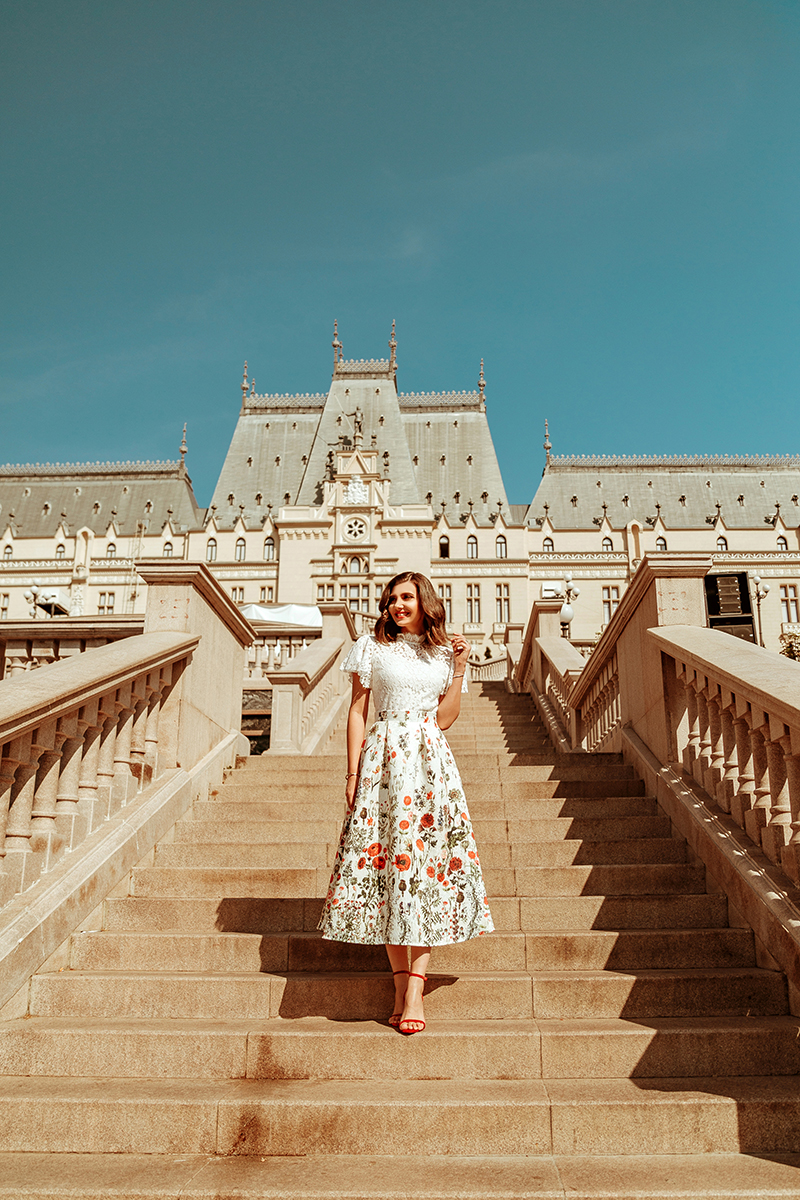 larisa costea, larisa costea blog, fashion blog, travel blog, iasi, romania, larisa in romania, ootd,outfit inspiration, palace of culture, palatul culturii, chicwish,white lace top,feminine look, lady like, a line skirt,midi skirt,floralprint skirt, chicwish skirt, velvet sandals,red velvet,summer outfit, falloutfit, feminine outfit