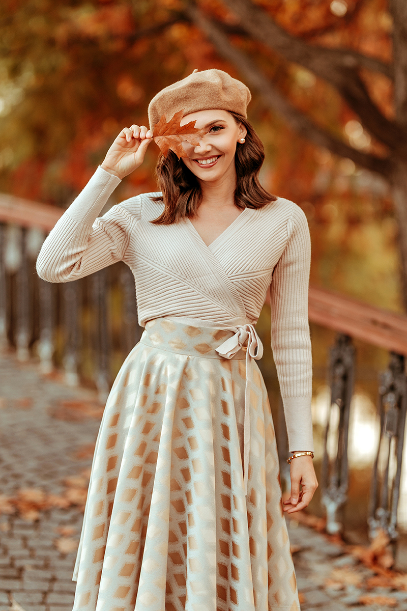larisa costea, larisa costea blog, larisa style, autumn outfits, fall looks, fall outfit, elegant look, chic, chicwish, a line skirt, midi skirt, wrap sweater, beige sweater, chicwish sweater, berret, asos berret, french look, fall, autumn, rusty leaves, bucharest, bucurestu, herastrau, stilettos, beige heels, all beige look, neutrals, nude