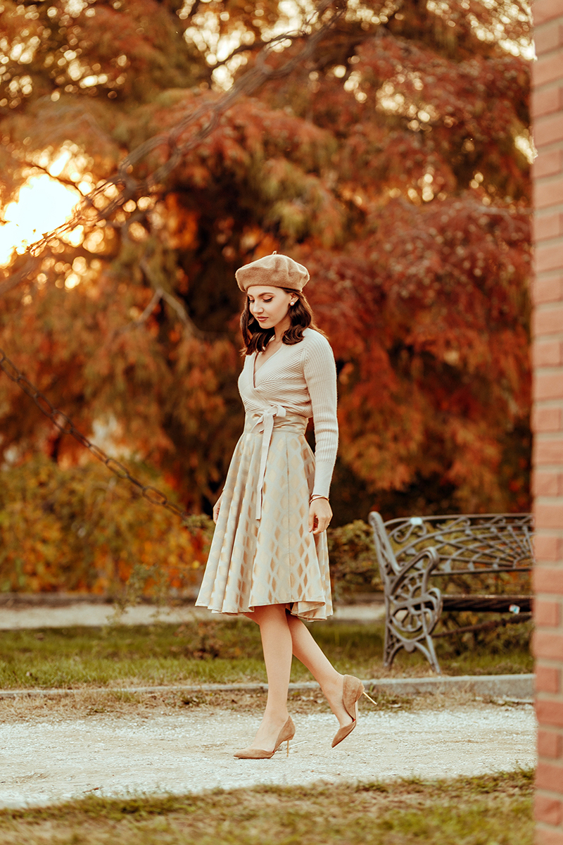 larisa costea, larisa costea blog, larisa style, autumn outfits, fall looks, fall outfit, elegant look, chic, chicwish, a line skirt, midi skirt, wrap sweater, beige sweater, chicwish sweater, berret, asos berret, french look, fall, autumn, rusty leaves, bucharest, bucurestu, herastrau, stilettos, beige heels, all beige look, neutrals, nude