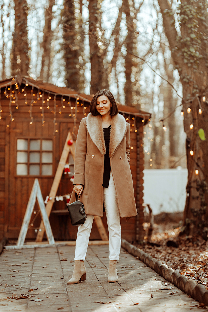 larisa costea, larisa costea blog, fashion blog, ootd, outfit inspiration, blossom floral design, padurea baneasa, lodge, wood lodge, camel and white, neutrals, camel coat, chicwish coat, faux fur collar, collar coat, fur collar coat, palton camel, palton beige, white pants, mom jeans, topshop, beige suede boots, kendall+kylie, kendall and kylie, shopbop, winter outfit, bob, straight hair bob