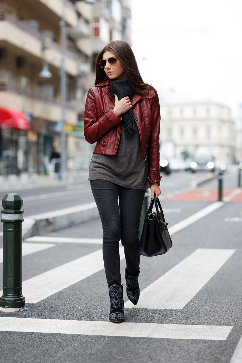 dark red jacket outfit